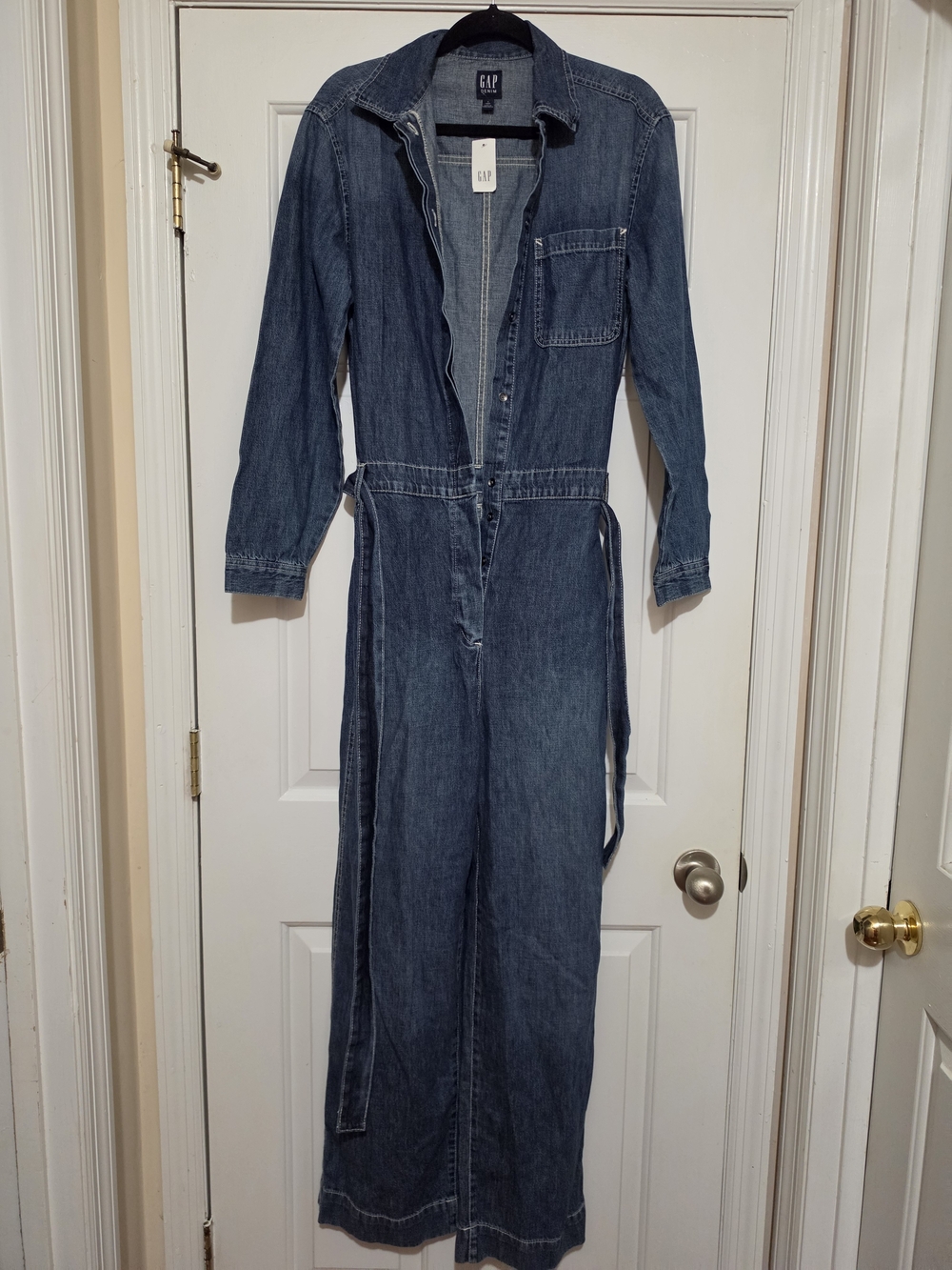 GAP Denim Long-Sleeve Jumpsuit in Blue